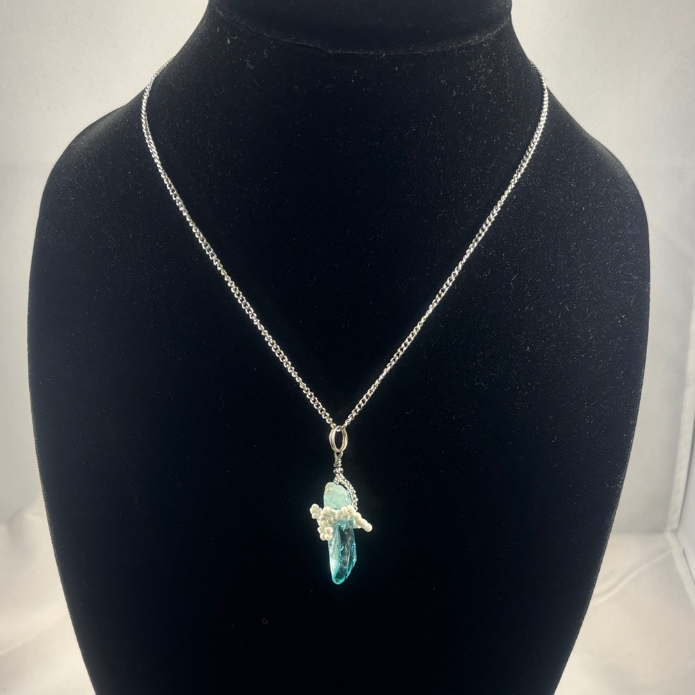 Hand Crafted Silver Necklace with Aqua Pendant